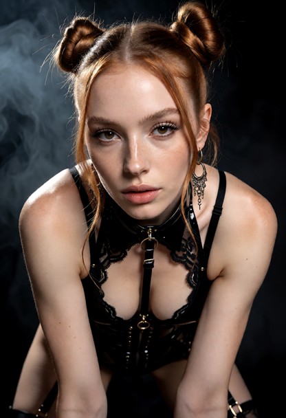 Adult female fashion model in an extreme dark glamour lingerie concept, rebellious luxury style, black latex and lace…