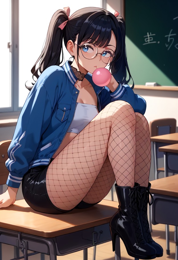 she is,sitting on a chair behind a desk,leaning forward,popping gum bubble,hand on chair back,blue satin cropped carg…