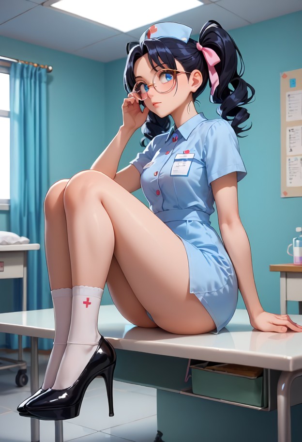 she is sits on the edge of a metal table with her head tilted back and dazed expression,light blue hospital gown,long…