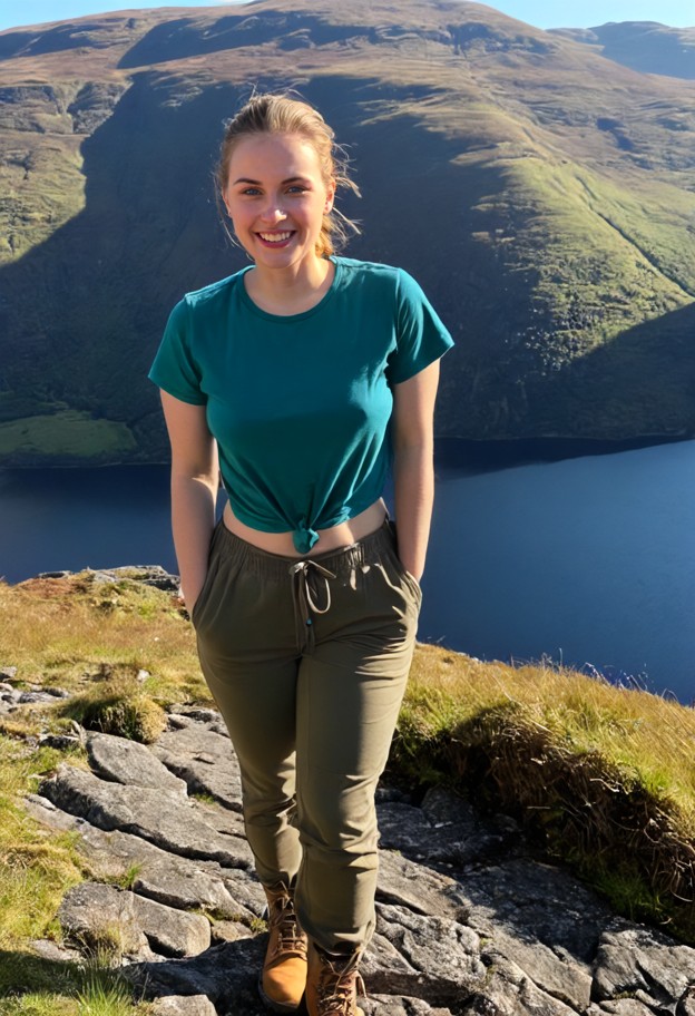 she is is walking downhill and smiling at the viewer,green cotton hiking shirt,brown hiking pants,brown leather hikin…