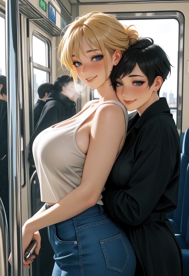 she is leaning her head on a shoulder and breathing heavily,white tank top,blue denim skirt,crowded public bus,metal …