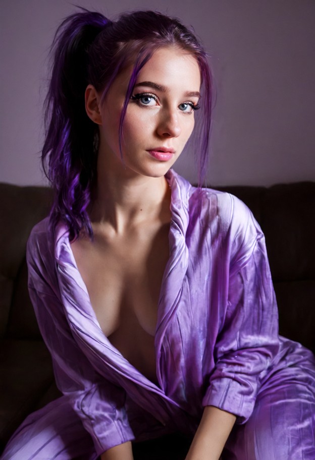she is,propped up on elbows on couch,purple cotton pajamas,living room,dark shadows,dim lighting,medium shot