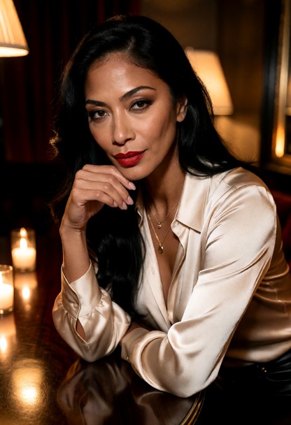 Location: a dimly lit, intimate lounge at night with flickering candlelight casting warm, amber glows over a polished…