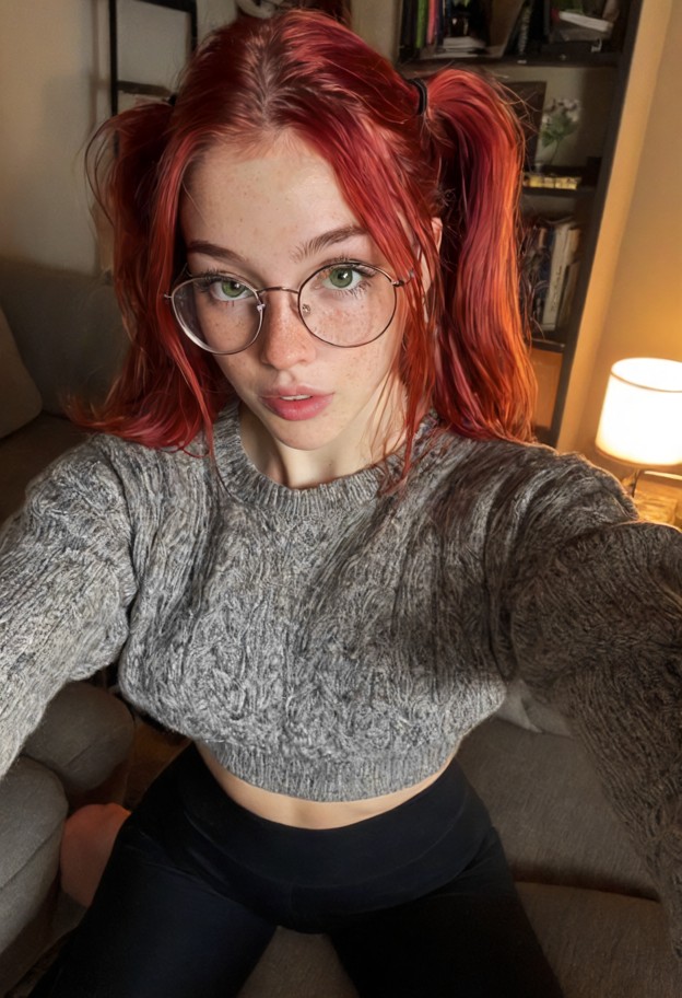 jane sits on the edge of the sofa,she is looking down,oversized gray wool sweater,black leggings,cozy dimly lit livin…