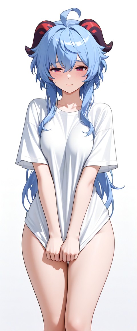1girl,mature female,tall,squinting,flustered,standing,pulling shirt,long oversized half opaque white t-shirt,shirt co…