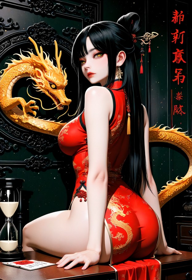 1girl,solo,sitting,sitting at desk,behind desk,looking_at_viewer,elbow_rest,interlocked_fingers,traditional_chinese_t…