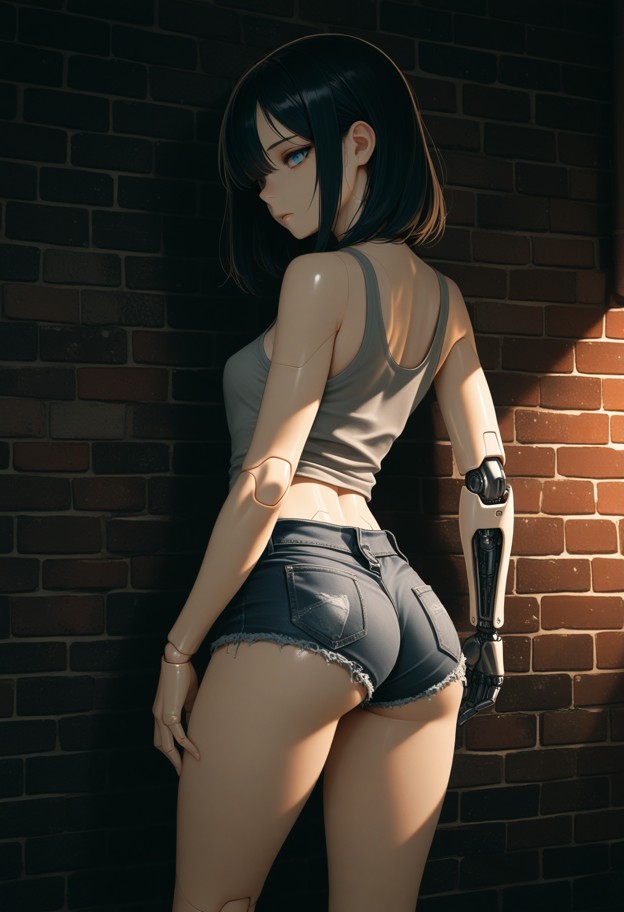 she is is leaning against a brick wall in a dark alleyway,tattered grey tank top,ripped denim shorts,dark alleyway,br…