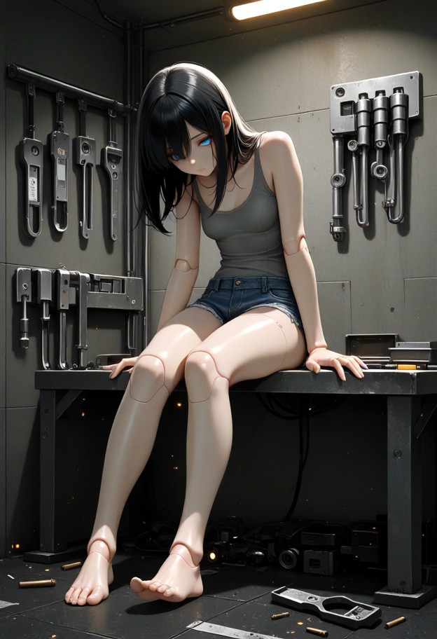 she is sitting on a metal workbench,tattered grey tank top,ripped denim shorts,cluttered workshop,metal workbenches,t…