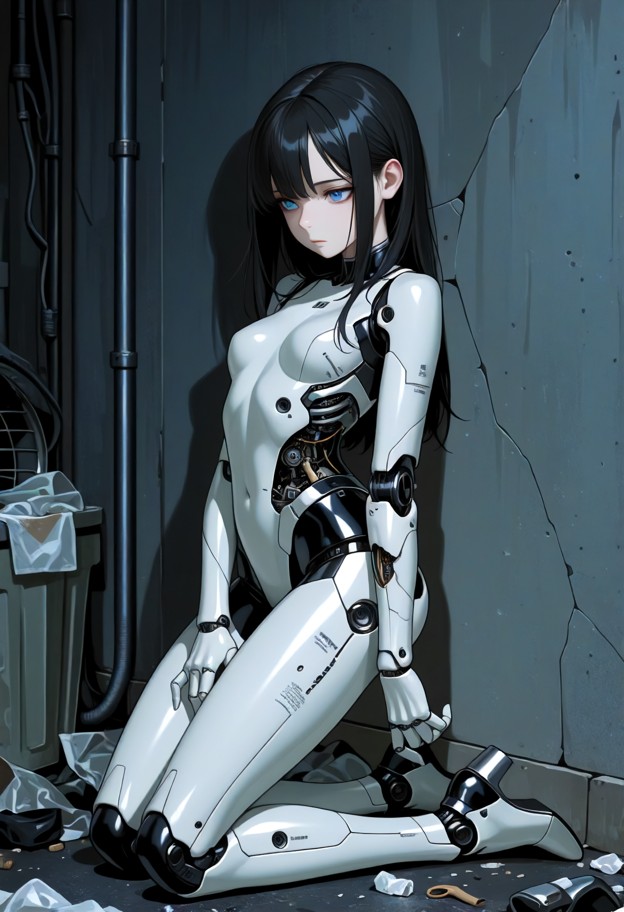 1girl kneeling,distressed,dimly lit alleyway,trash around,puddles,cracked black synthetic bodysuit,silver accents,par…