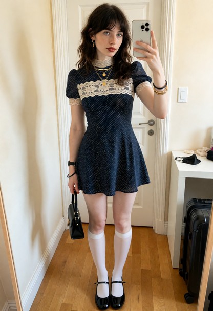 Summary: A young woman with fair skin and long dark hair stands in a full-length mirror selfie, capturing herself in …