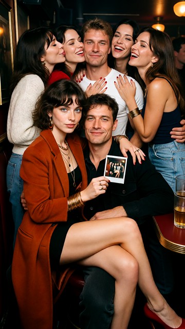 Summary: A tightly packed group of friends vamps and poses together inside a dim crowded bar at night, captured as a …