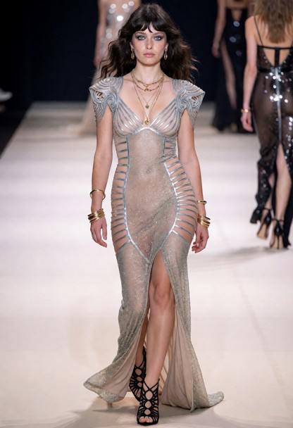 one woman seen from her head to her feet. she walking the runway at a paris fashion week fashion show, walking toward…