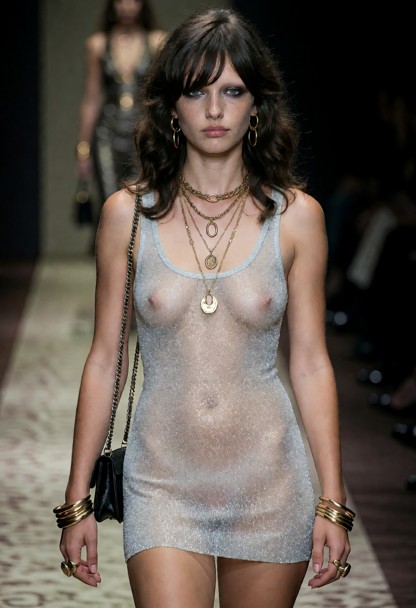1girl, solo, walking the runway at a gucci fashion show, walking towards the camera, slick hair over one eye, dark sm…