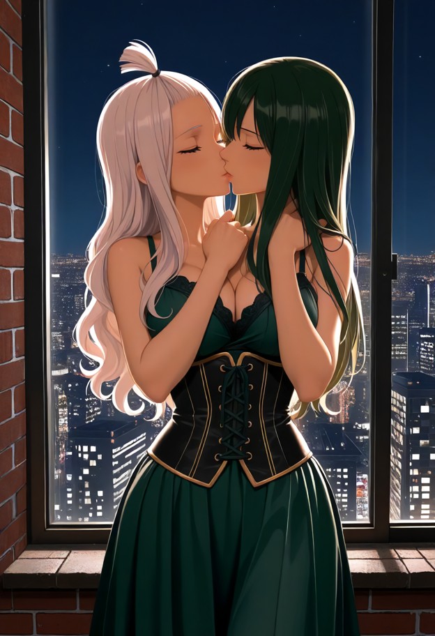 kissing,1girl kissing user,hands wrapped around shoulders,fingers running through hair,low-cut corset,silky blouse,da…