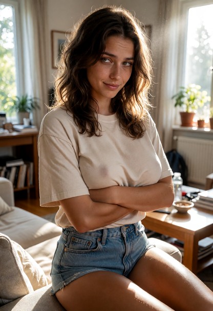 Location: morning in a brightly lit living room with sunlight streaming through large windows, illuminating dust mote…