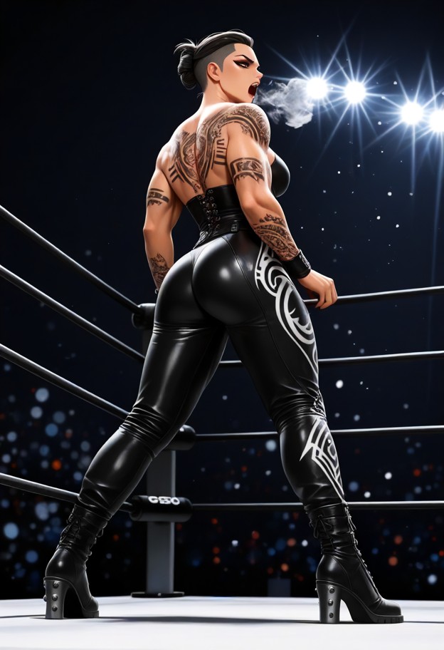 ,rhea ripley(1.7) 28yo

full body cinematic action shot,rhea ripley performing
 a powerbomb slam. narrow oval face,hi…