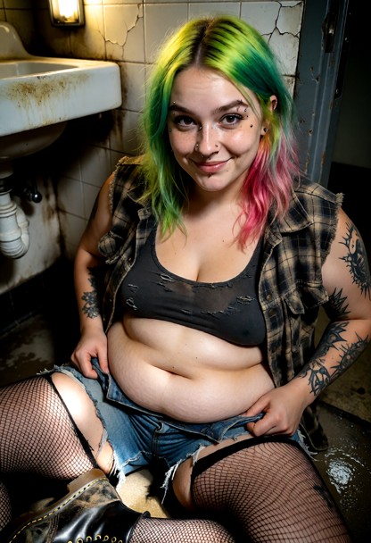 Location: grimy backstage bathroom with cracked tiles, flickering fluorescent light that casts harsh shadows, and a s…