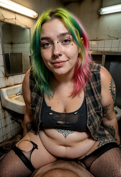 Location: grimy backstage bathroom with cracked tiles, flickering fluorescent light that casts harsh shadows, and a s…