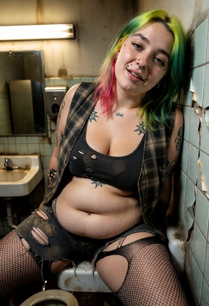 Location: grimy backstage bathroom with cracked tiles, flickering fluorescent light that casts harsh shadows, and a s…