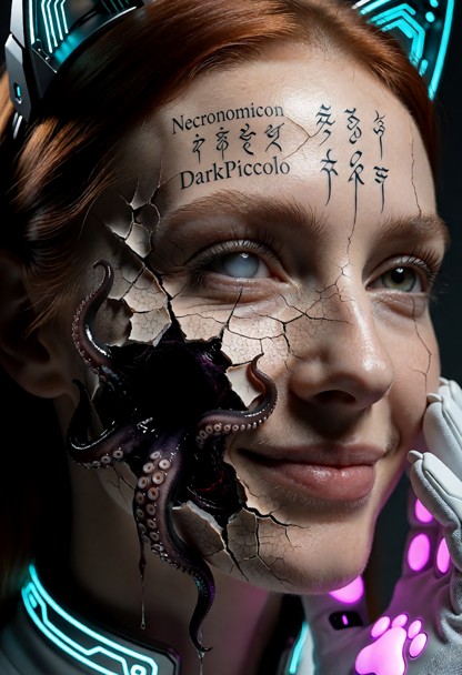 An extreme macro close-up photograph of a woman's face, capturing a deeply unsettling psychological contrast. She is …