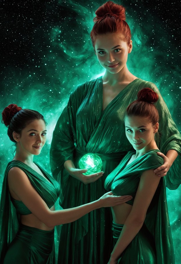 three ethereal goddesses positioned in a triangular formation within a 
vast emerald and copper galaxy. together,they…