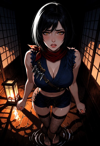 Location: dim interior of a traditional Japanese room at night, where a single flickering lantern casts long, dancing…