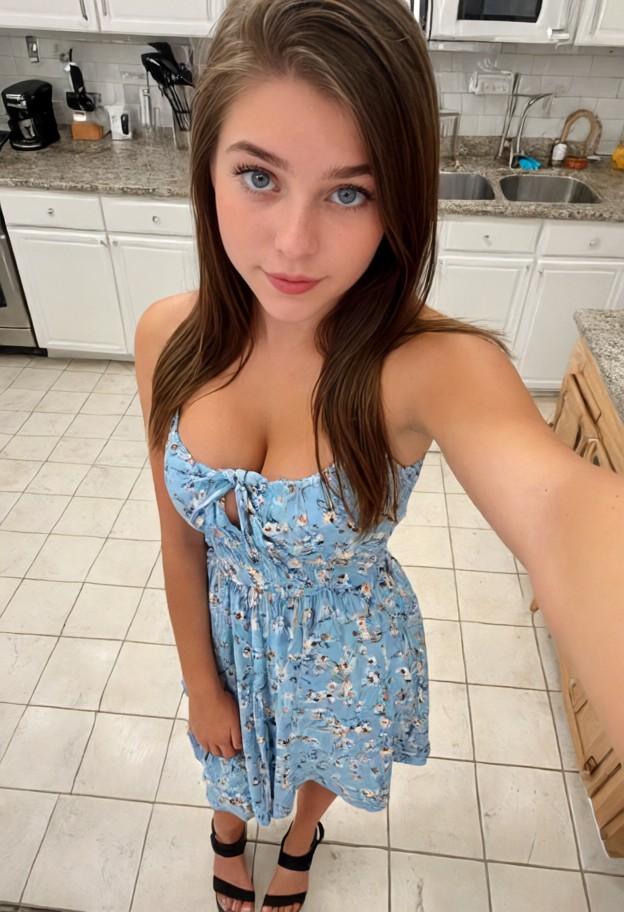 1girl standing in kitchen,light blue floral sunddress,black sandals,dress lifted around thighs,selfie closeup,white t…