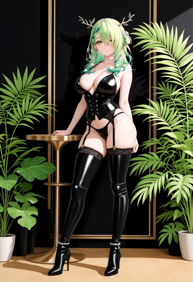 she is is posing in leather clothing,leather corset,thong,garter belt,stockings,thigh high leather boots,stiletto hee…