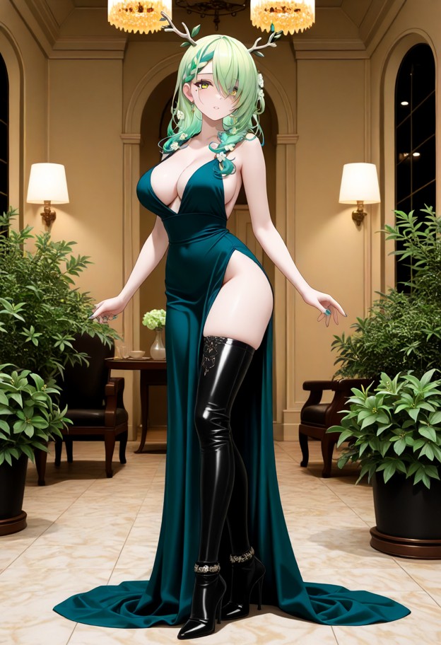 she is wearing evening dress,slit dress,stockings,thigh high leather boots,stiletto heels,ballroom,full body,eye leve…