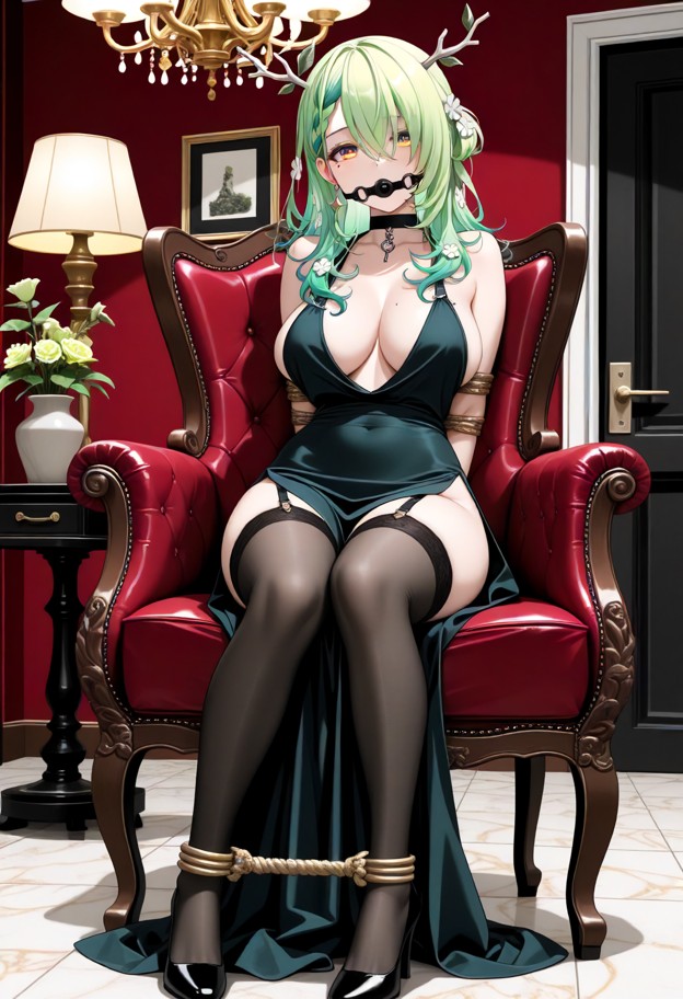 1girl,,breasts,dress,solo,virtual_youtuber,high_heels,thighhighs,black_dress,tail,black_footwear,indoors,full_body,ch…