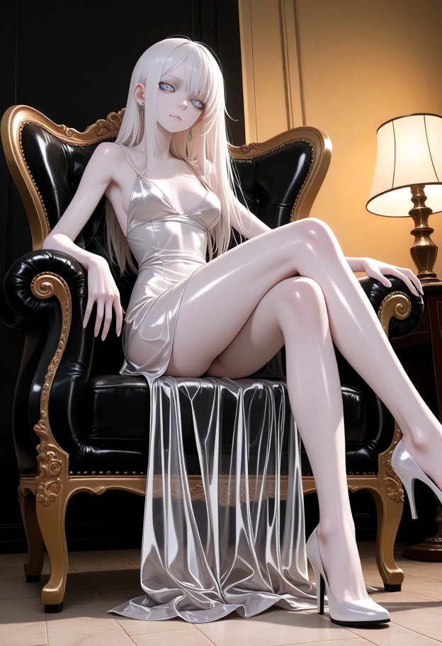 she is sitting in armchair with legs crossed,resting one foot on viewer's shoulder,see through latex dress,white high…
