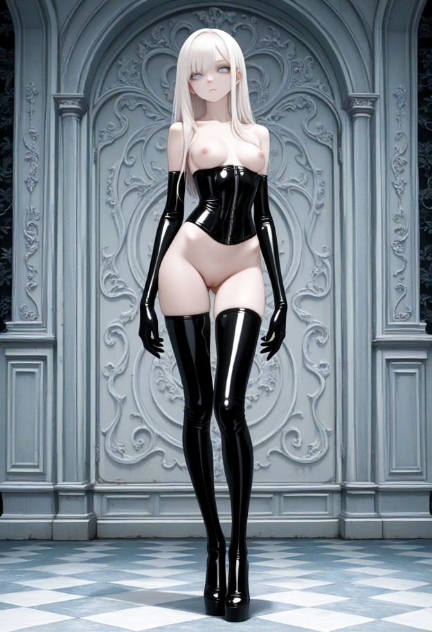 standing,naked,latex_legwear,latex_gloves,latex_corset,gothic background,pussy_juice,pussy_juice_trail,pussy exposed,…