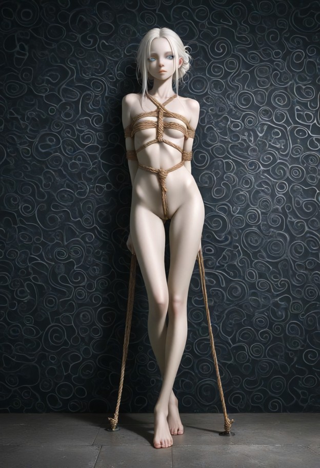 girl detailed skin texture,intricate rope bondage,((kinbaku)),japanese rope art,(front view),arms behind back,full bo…