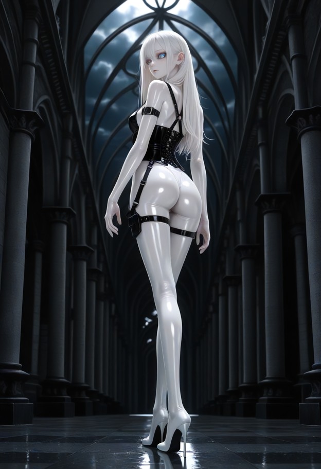 full body,standing pose,calm confident expression,wearing a glossy white latex bodysuit,black leather corset with met…