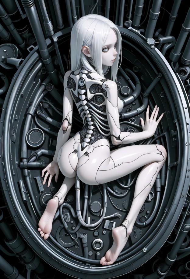 masterpiece,ultra detailed biomechanical surrealism,monochrome grayscale,dark industrial sci-fi environment,intricate…