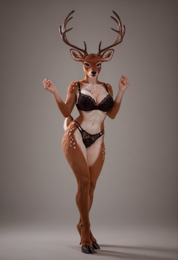 1girl,solo,hands up,shaking hips (dancing) anthro deer girl,deer head,deer ears,antlers,brown fur,underwear,matching_…