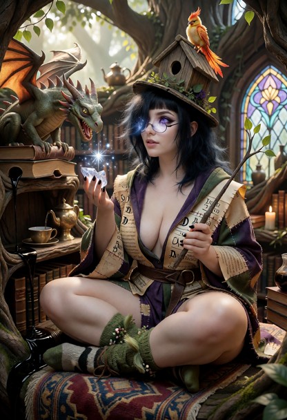 Enchanted library in an ancient tree, where books are living creatures with leathery wings. A young witch in training…