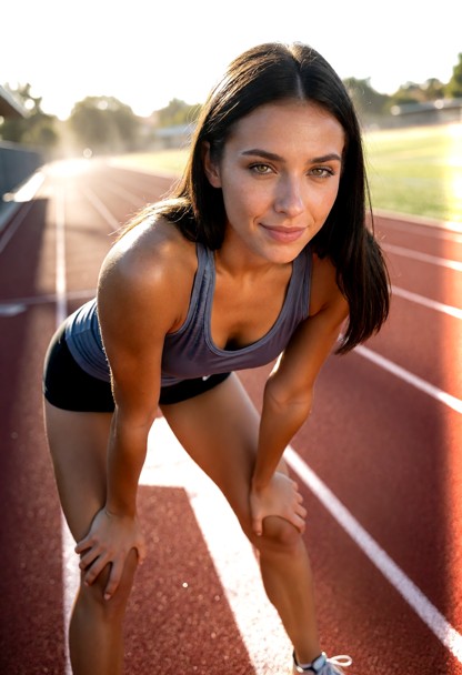 Location: bright afternoon on a professional running track under the intense sun, with the red synthetic surface stre…