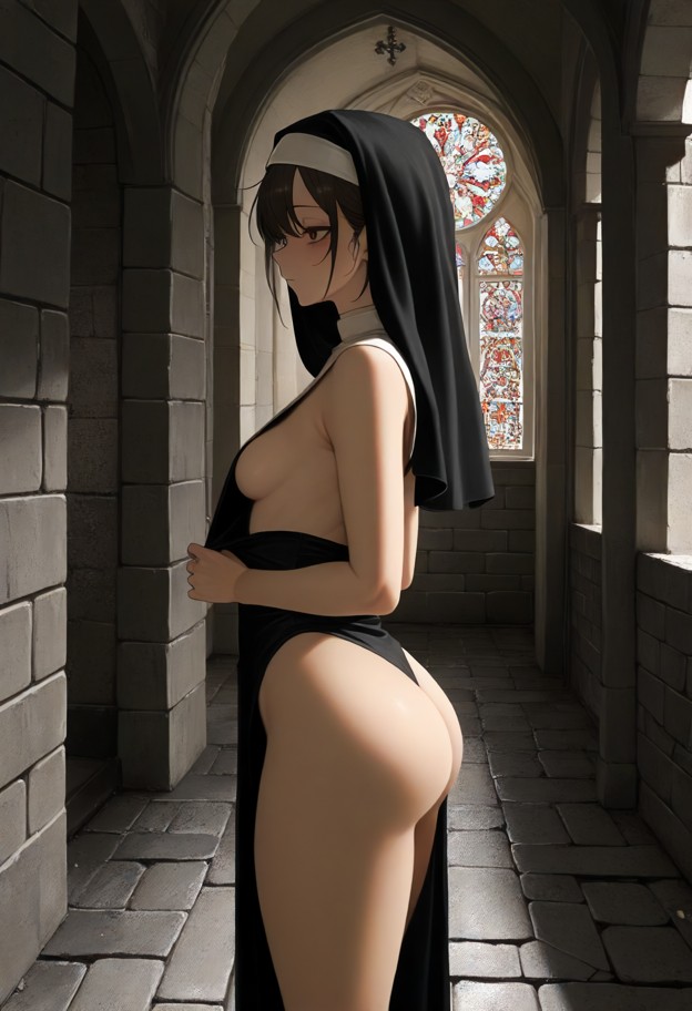 1girl,standing,adjusting white habit,stone walls,monastery hallway,religious clothing,solo,eye contact
