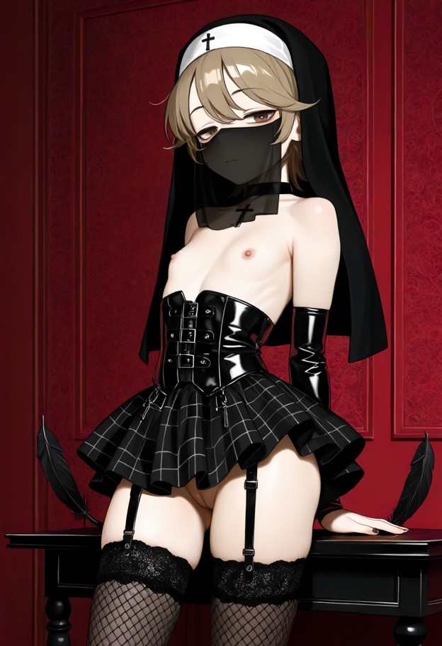1girl standing on table,black plaid skirt,revealing pussy,black leather corset,black fishnet stockings,black choker w…