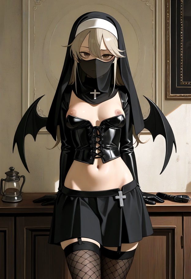 1girl standing,frontal view,dimly lit monastery chamber,wooden table,unfastened black leather corset,tiny black skirt…