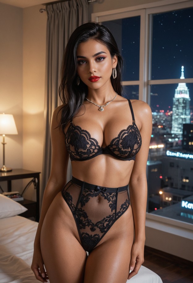 sexy girl standing facing viewer breathing heavily,delicate lace lingerie,jewels,private observatory room,glass walls…