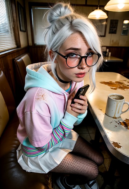Location: inside a cozy, dimly lit diner with worn vinyl booths, a chipped laminate counter, and warm yellow light fr…