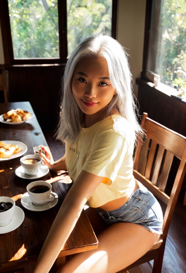 she is sitting at a wooden dining table,smiling,light yellow cotton t-shirt,denim shorts,sunlit dining room,breakfast…