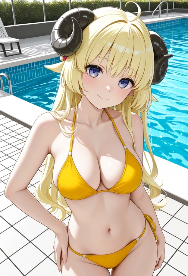 1girl,solo,standing,facing_viewer,hand_on_own_hip,yellow bikini,smile,embarrassed,blushing,front view,full-body view,…