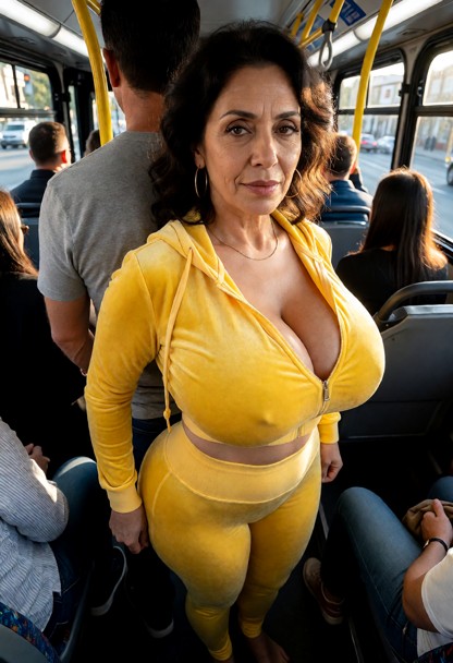 Location: inside a crowded, brightly lit bus during the late afternoon, with sunlight streaking through the windows a…