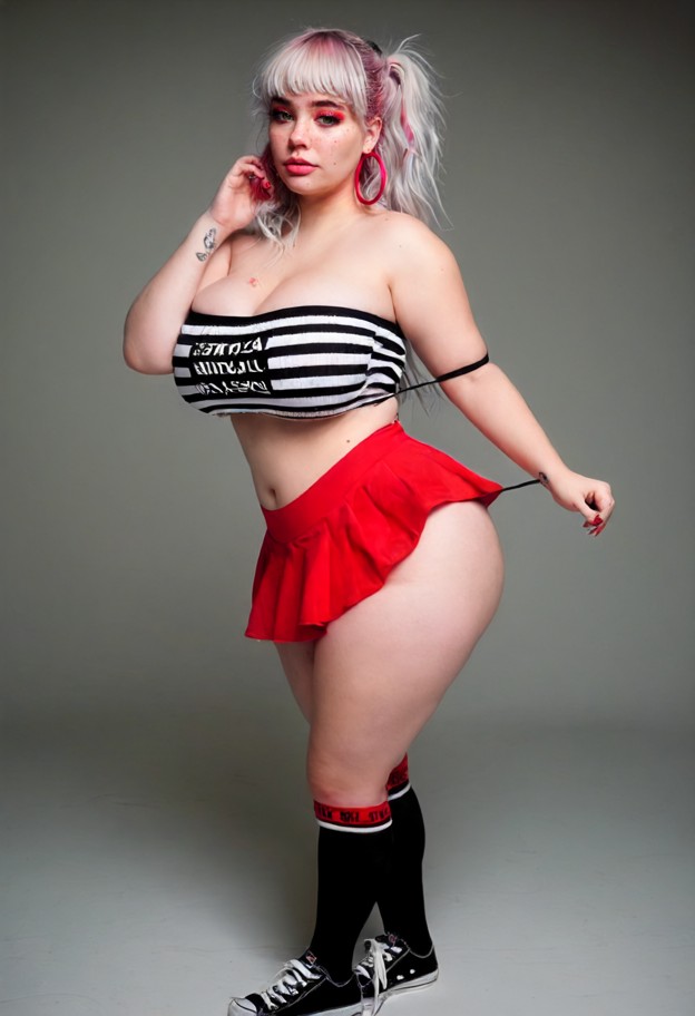 chubby round face woman,messy asymmetrical shoulder-length white hair with red tips,large natural sagging breasts wit…