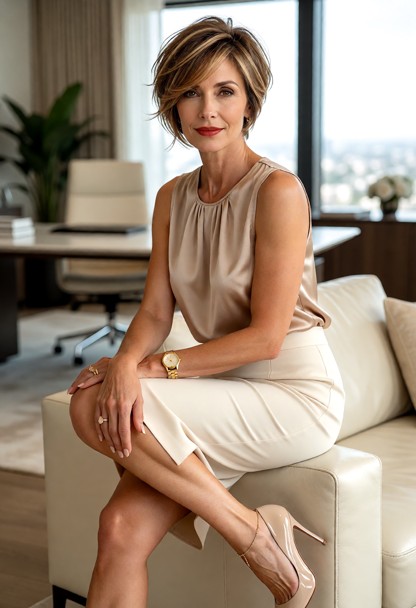 photorealistic full-body portrait of an elegant adult woman with a short, feminine, layered pixie-bob hairstyle. The …