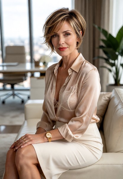 photorealistic full-body portrait of an elegant adult woman with a short, feminine, layered pixie-bob hairstyle. The …