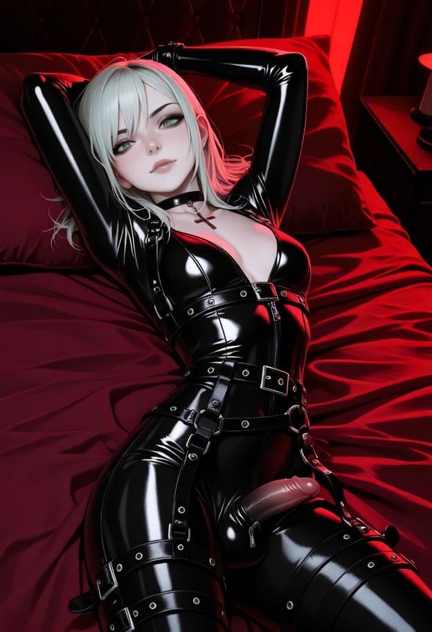 an anime-inspired female character lying on her back in a dark,sultry fantasy setting. she wears a red-and-black stra…
